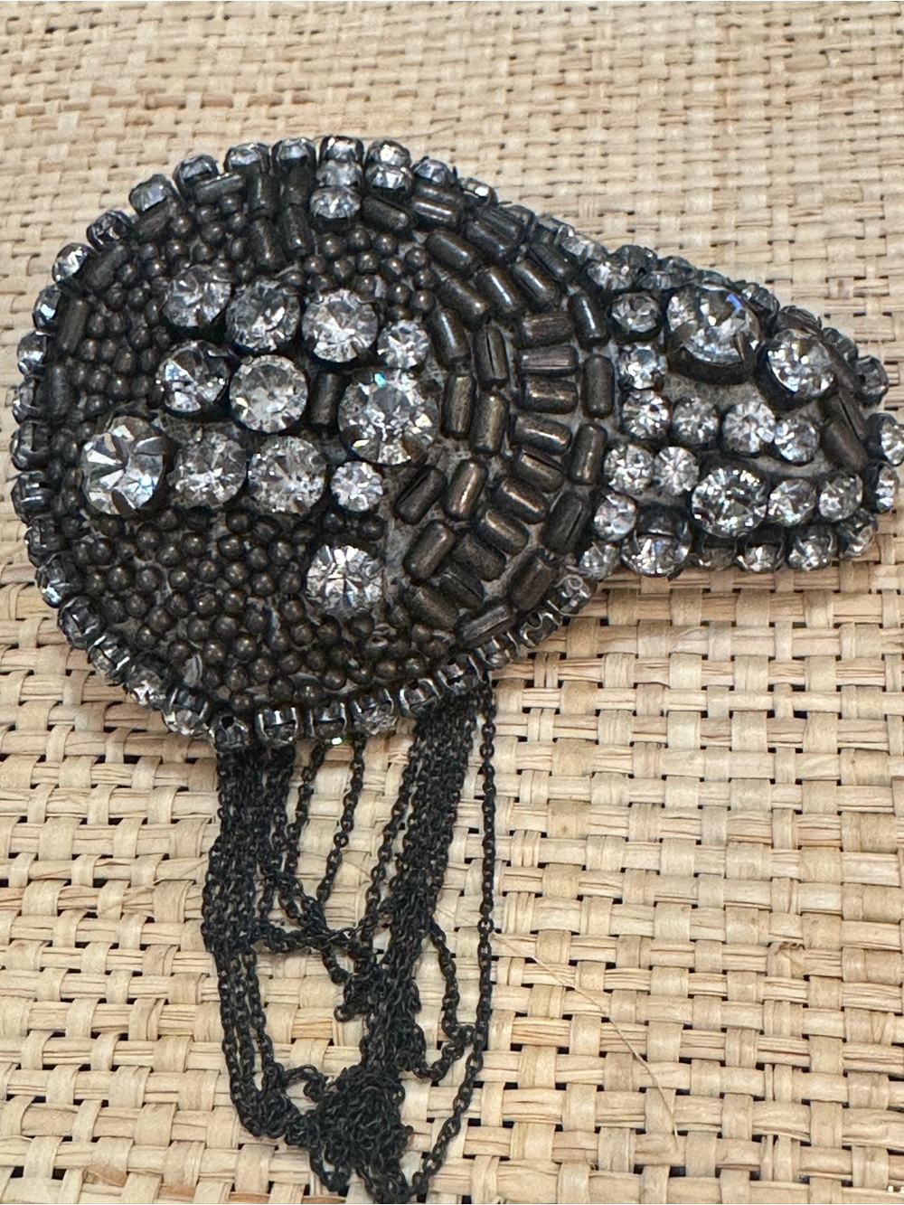 Elegant Black and Silver Beaded Crystal Brooch with Chain Fringe